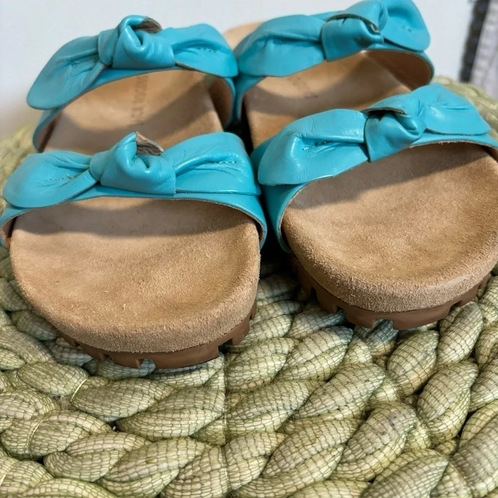 Jack Rogers Rose Aqua Blue Leather Double Knot Slide Flat Sandals Size 9